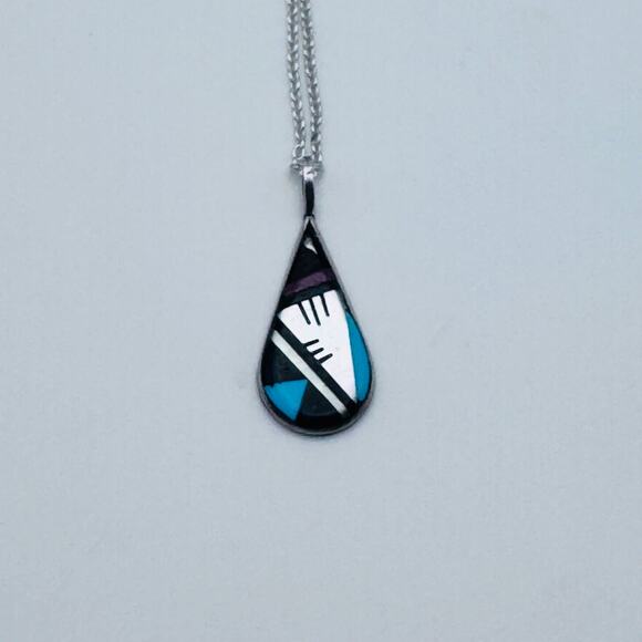 Zuni Multi Stone & Sterling Silver Inlay Teardrop Pendant and Necklace - Picture 2 of 4